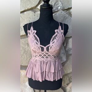 Free People One Top Small‎ Pink Crochet Lace Tiered Ruffles Strappy Boho